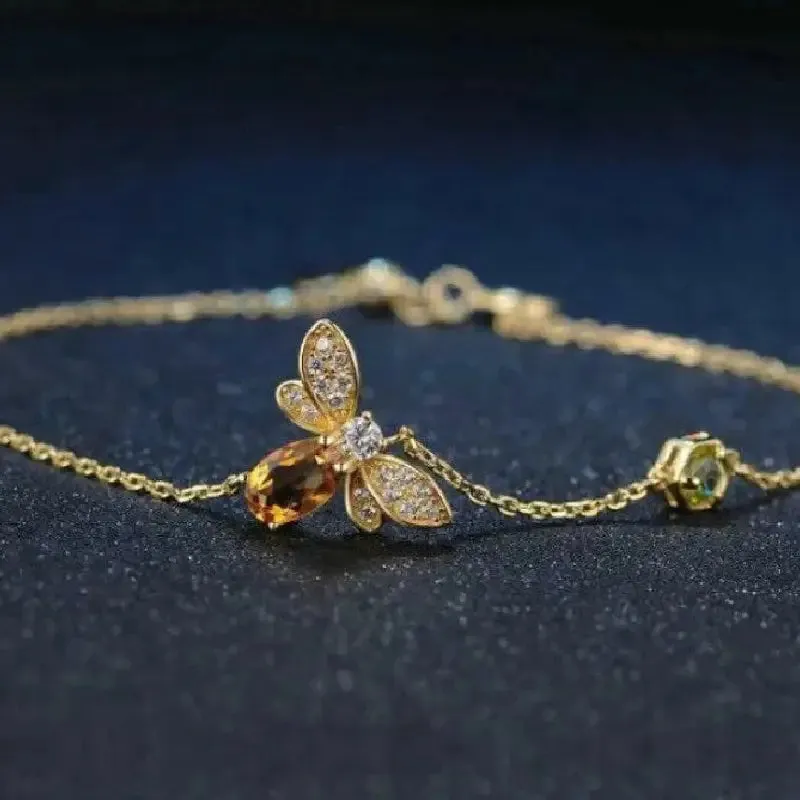 Natural Citrine Crystal Bee Silver Bracelet
