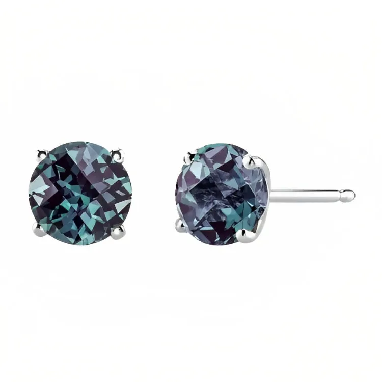 Paris Jewelry 18k White Gold 2 Pair Created Alexandrite 4mm, 6mm Round & Princess Cut Stud Earrings Plated