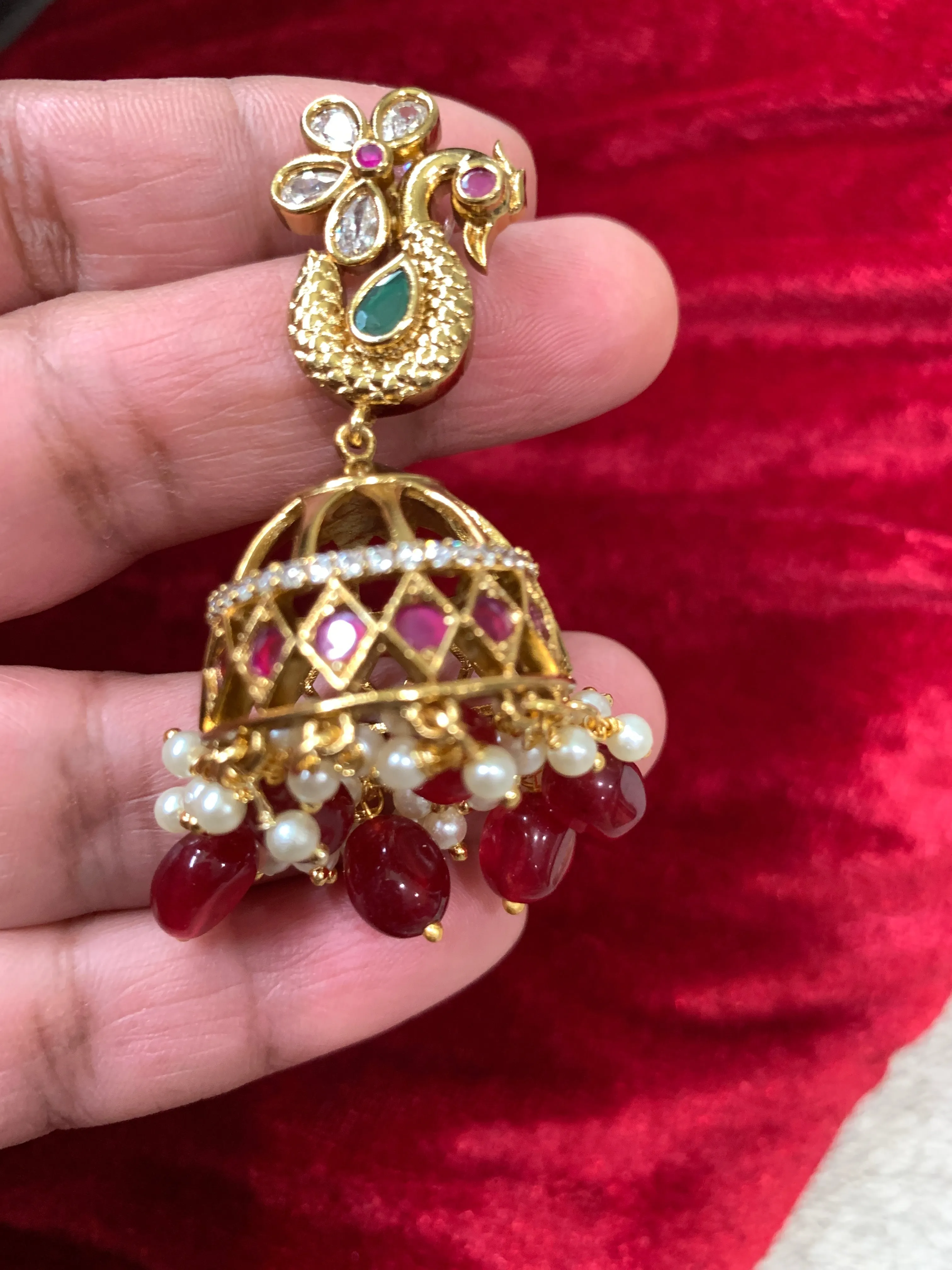Peacock Red Stone Ruby Red Beads Matte Finish Jhumki