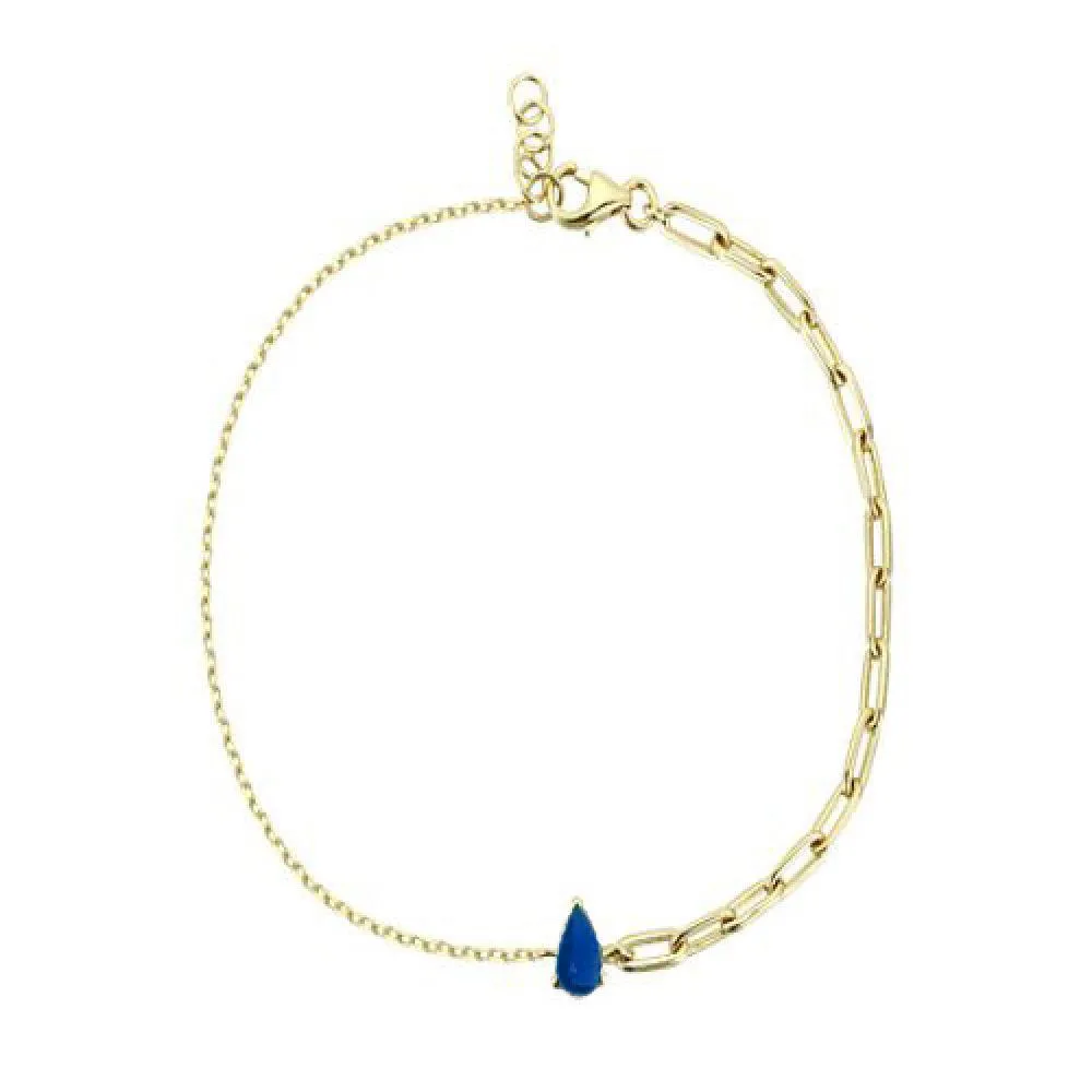 Pear Shape Blue Sapphire With Paper Clip Chain Bracelet 7"