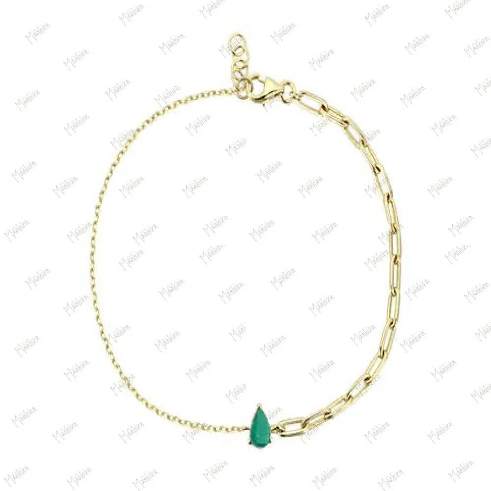 Pear Shape Blue Sapphire With Paper Clip Chain Bracelet 7"