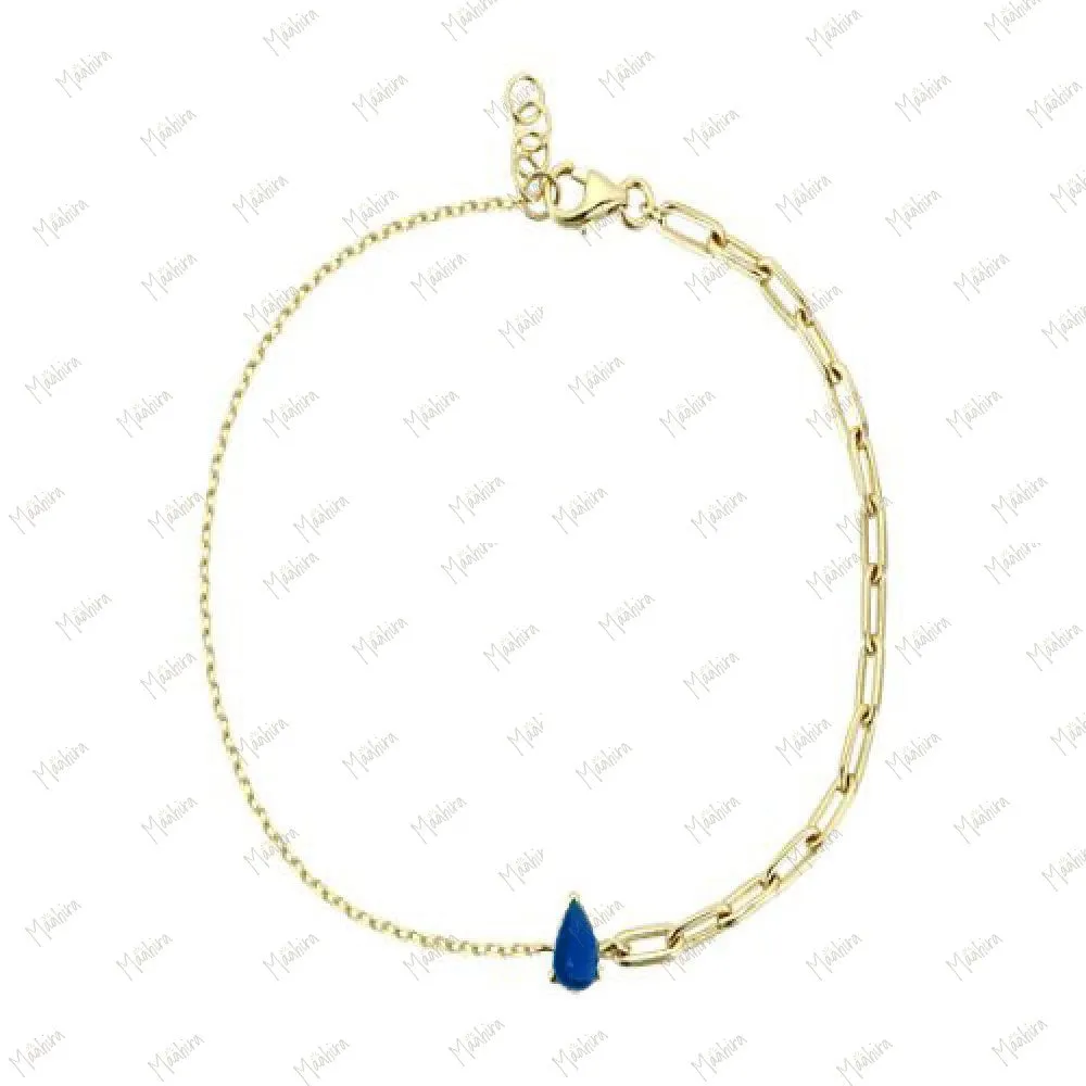 Pear Shape Blue Sapphire With Paper Clip Chain Bracelet 7"