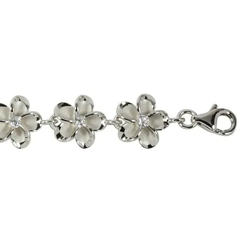 Sterling Silver Rhodium Plated 10mm Plumeria with CZ Bracelet