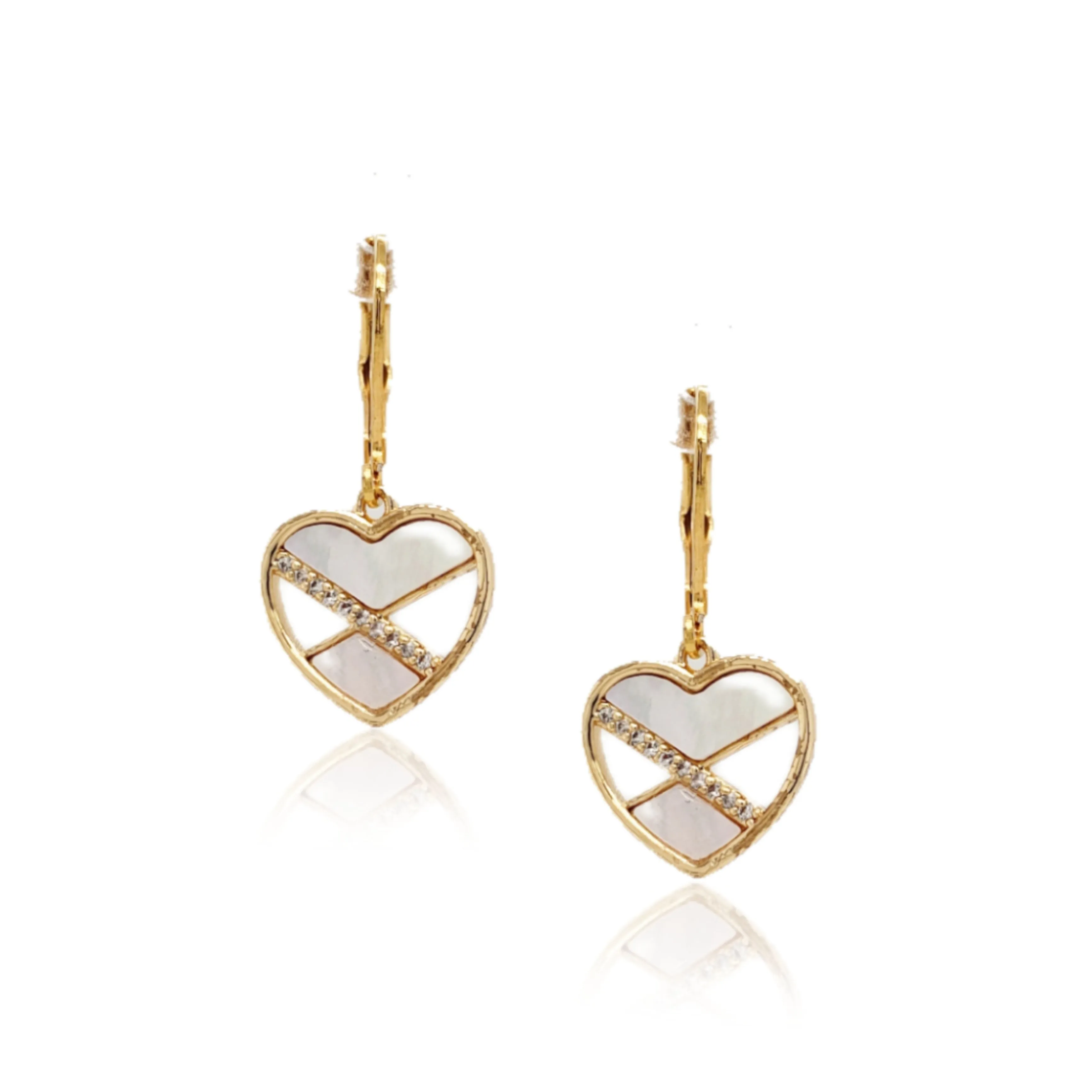 Surgical Steel Mother of Pearl and CZ Heart Earrings