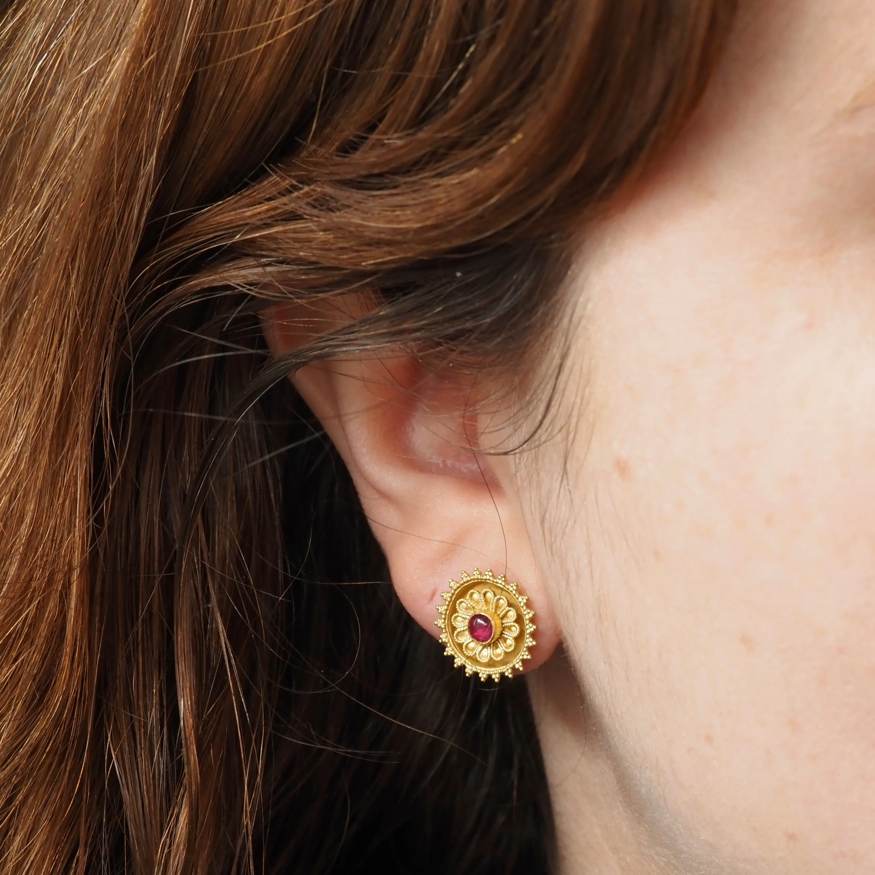 Vintage Lalaounis Etruscan Revival Cabochon Ruby 18k Gold Disc Earrings