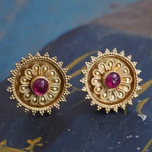 Vintage Lalaounis Etruscan Revival Cabochon Ruby 18k Gold Disc Earrings