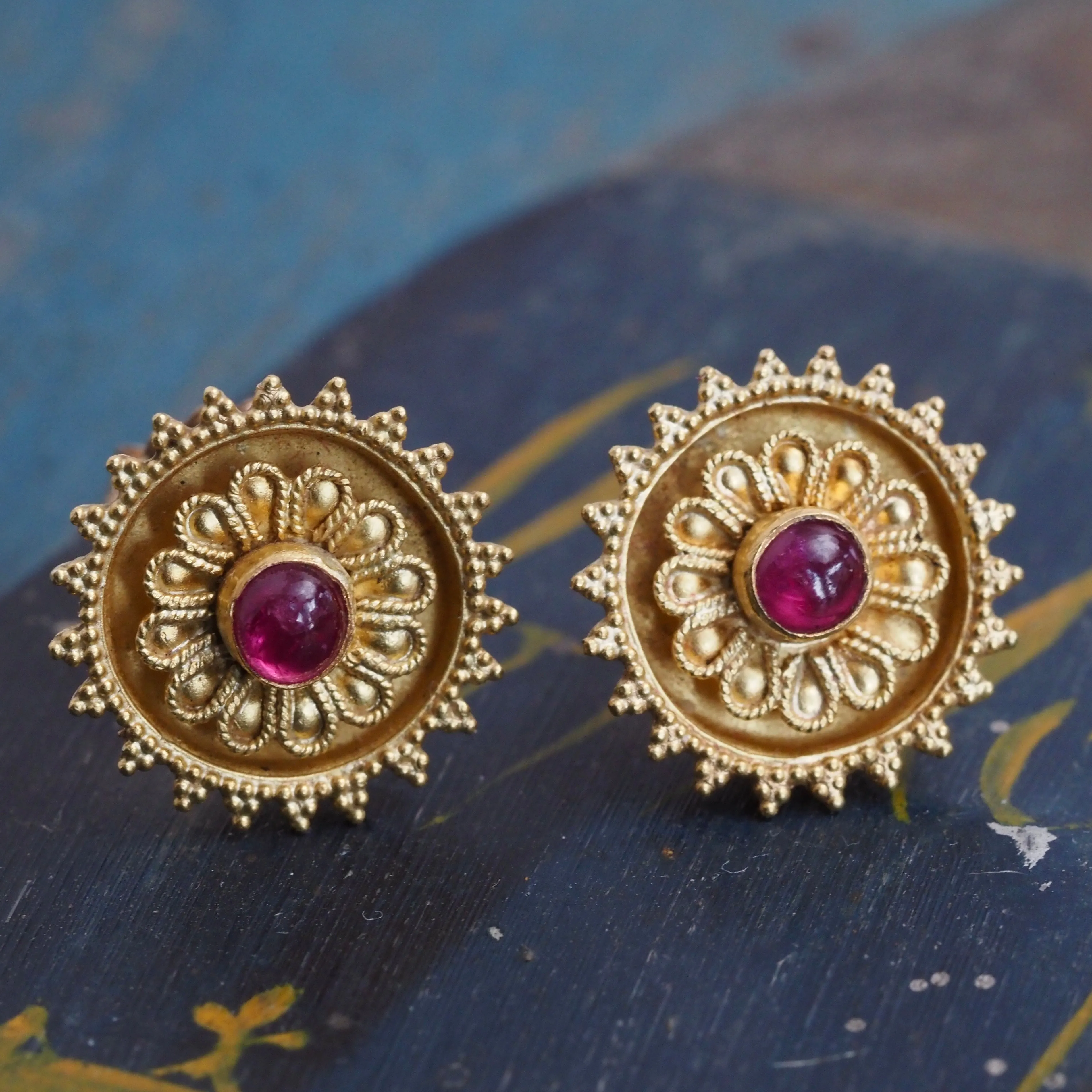Vintage Lalaounis Etruscan Revival Cabochon Ruby 18k Gold Disc Earrings