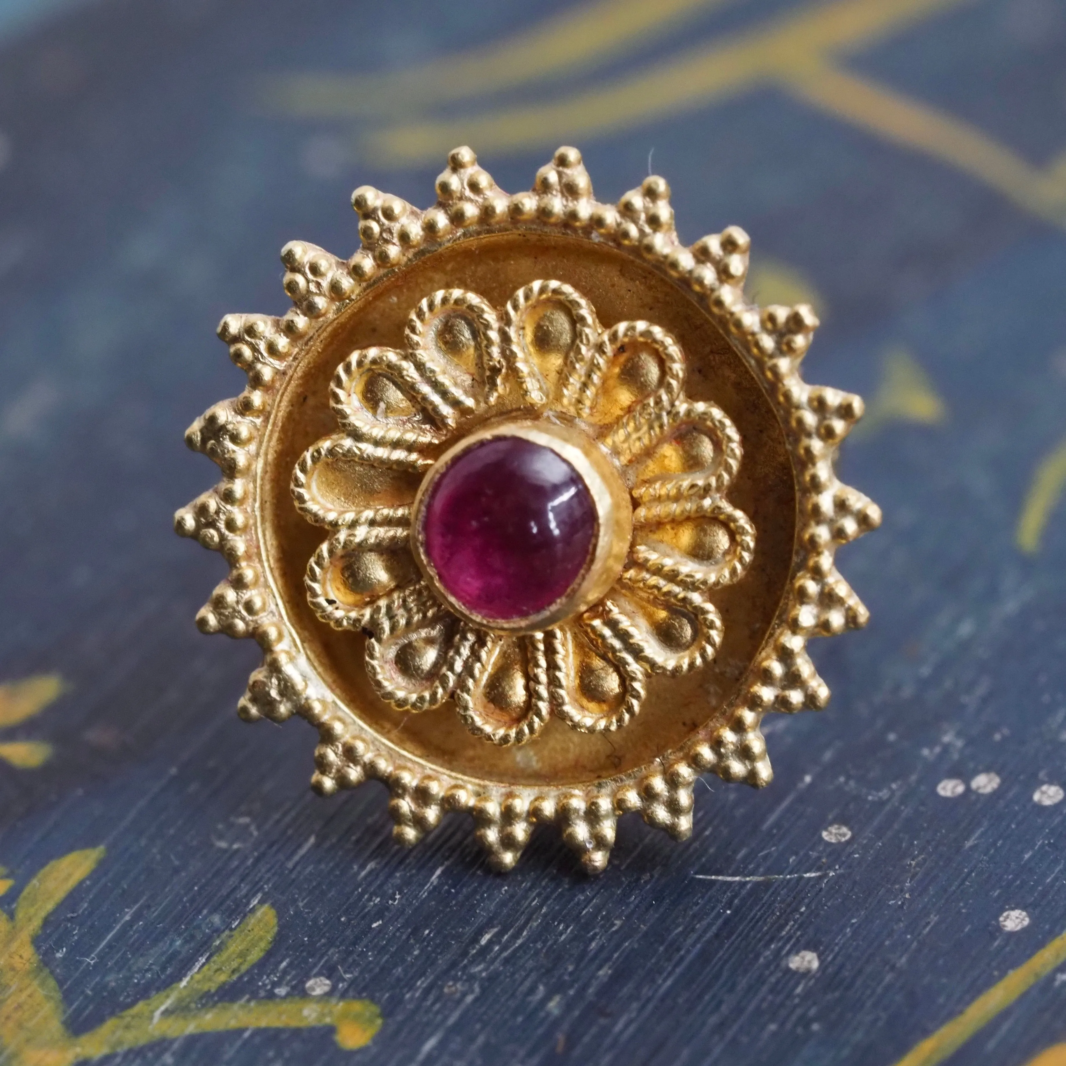 Vintage Lalaounis Etruscan Revival Cabochon Ruby 18k Gold Disc Earrings