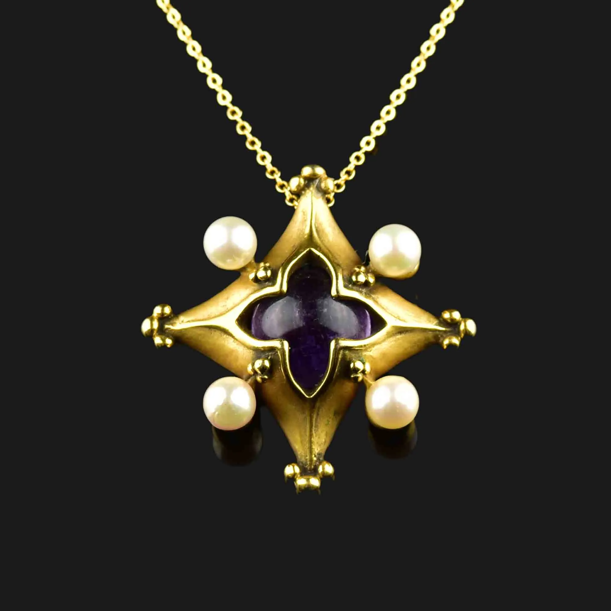 Vintage Quatrefoil Amethyst Pearl Brooch