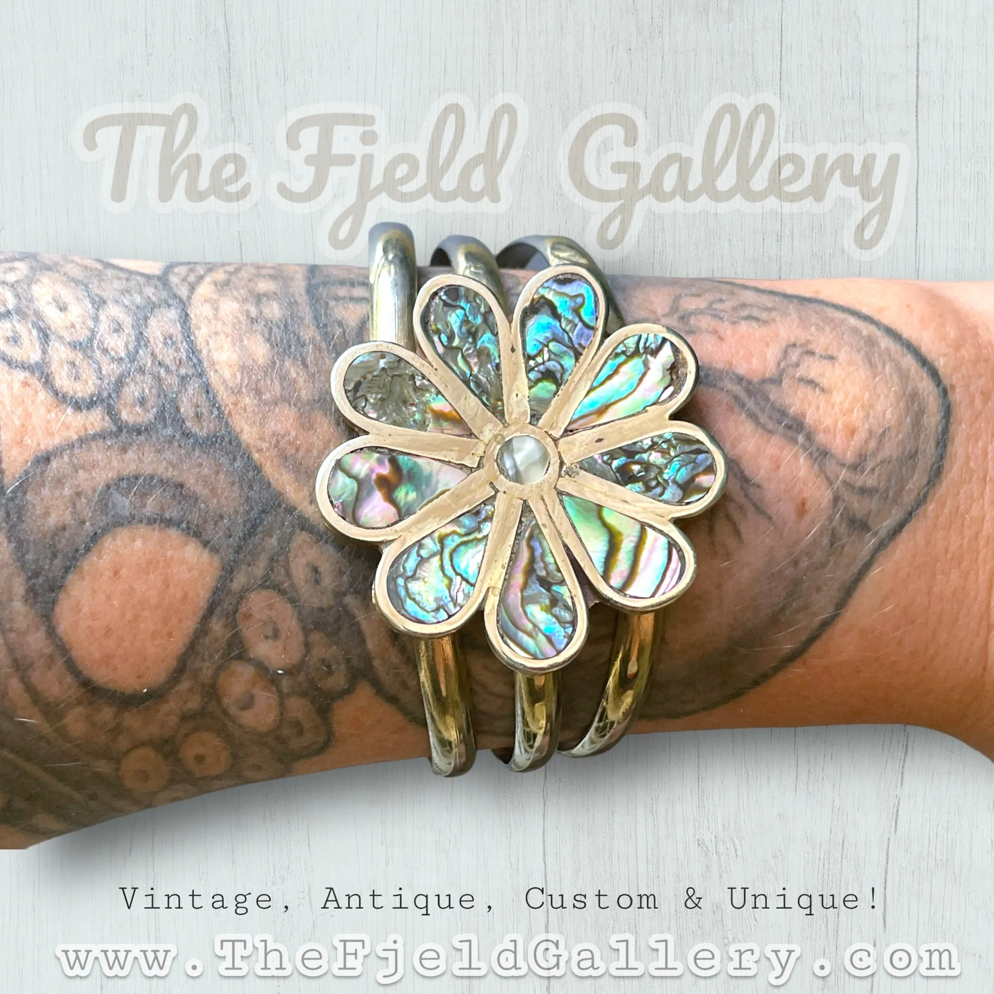 Vintage Sterling Silver Abalone Daisy Flower Cuff Bracelet