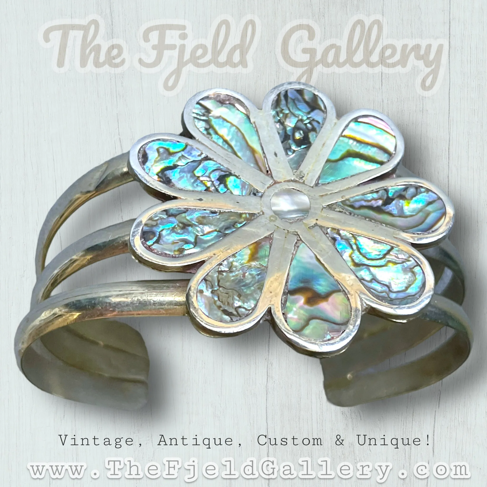Vintage Sterling Silver Abalone Daisy Flower Cuff Bracelet